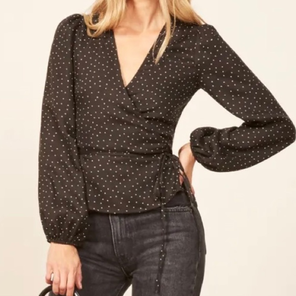 REFORMATION - Polka Dot Long Sleeve Wrap Top - XS